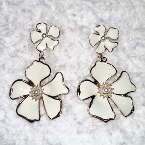 White Enamel & Gold-toned Dogwood Flower Statement Dangle Drop Earrings